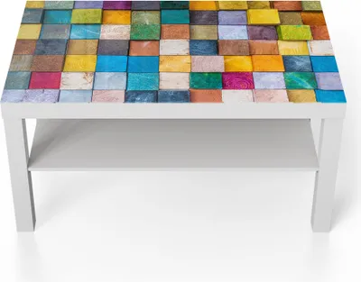 Produktbild von DEQORI Couchtisch 90x55 cm Weiß 'Buntes Holzmosaik' Glas Beistelltisch
