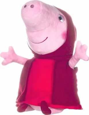 A plush toy of Peppa Pig dressed as Little Red Riding Hood, shown from the chest up against a white background.