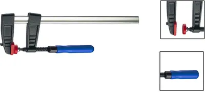 A woodworking clamp is shown against a white background, with close-up insets of its components.