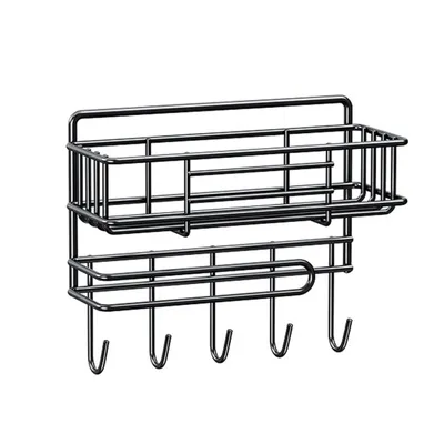 Produktbild von Küchenregal, 1/2 Etagen Gewürzregal, Hängendes Kühlschrank Regal mit Küchenrollenhalter & 5 Haken, Wandregal, Küchenarbeitsplatten-Organizer, Schwarz