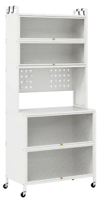 Produktbild von Küchenschrank mit 5/6 Ebenen, Buffetschrank mit Arbeitsplatte und Schränken, Vorratsschrank mit Klapptüren, Haken, Küchenbuffet mit Rollen, Mikrowellenschrank (Weiß, 80 x 40 x 178 cm)