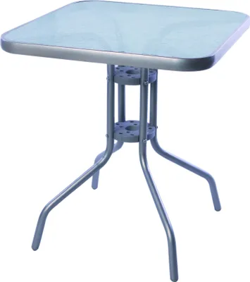 A square glass-top table with a metal frame and legs, shown against a white background.