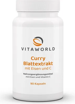 Produktbild von Vitaworld Curry Blattextrakt mit Eisen und Vitamin C | 90 Kapseln | natürliche Eisenquelle | Acerolapulver | vegan