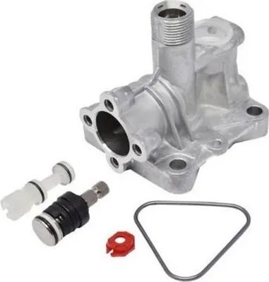 A set of pressure washer pump parts, including a main aluminum housing, two plungers, a red clip, and a triangular gasket, arranged on a white background.
