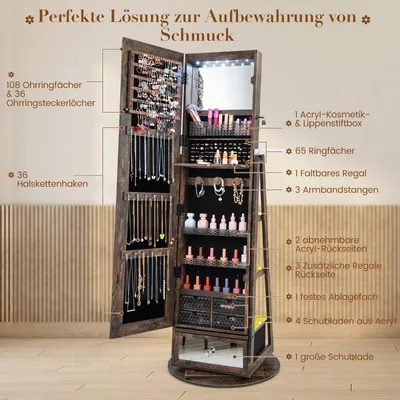 Obrázek produktu pro Šperkovnice zrcadlová skříňka otočná o 360° se zrcadlem po celé délce 140 x 37 cm Rustikálně hnědá