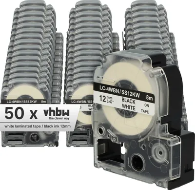 Produktbild von vhbw 50x Schriftband-Kassette kompatibel mit KingJim SR530, SR550, SR3900C, SR530C, SR3900P, SR40 Etiketten-Drucker 8m x 12mm Schwarz auf Weiß