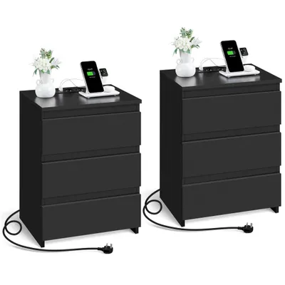 Produktbild von Yaheetech Nachttisch 2er Set Beistelltisch, 2 AC-Steckdosen, 2 USB-Anschlüsse, Emissionsklasse E1, Schwarz
