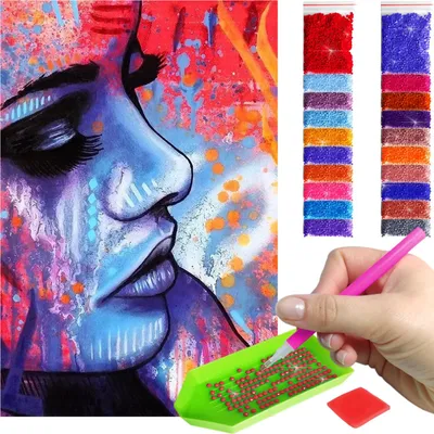 Zdjęcie produktu dla Haft diamentowy ARTULIO – Kolorowy portret kobiety – 60 × 40 cm – Diamond painting, Kompletny zestaw: mozaika + akcesoria
