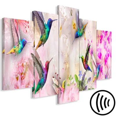 Produktbild von Akustikbild Kolibri 200x100 cm Bilder Akustikschaum Hochleistungsschallabsorber Schallschutz Leinwand 5 tlg Wandbild Raumakustik Schalldämmung Blumen g-C-0070-b-n