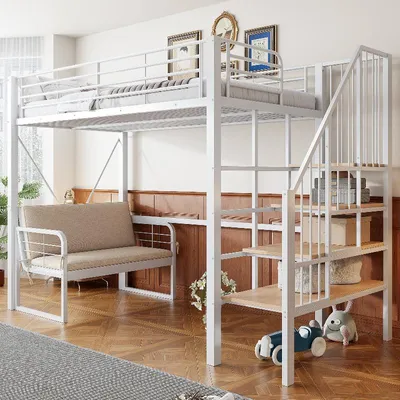 Productafbeelding van Stapelbed 90x200 cm van metaal met een afneembare, beklede bank, een veiligheidstrap met opbergruimte, een combinatie van metaal en hout, wit
