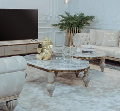 Produktbild von Casa Padrino Luxus Art Deco Couchtisch Grau / Weiß / Gold 160 x 87 x H. 46 cm - Prunkvoller Massivholz Wohnzimmertisch mit Kunstmarmor Tischplatte - Art Deco Wohnzimmer Möbel