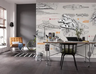 Zdjęcie produktu dla Fototapeta Komar "STAR WARS Blueprints", szaro-żółta, myśliwiec X-Wing, statek kosmiczny-8-493, wielokolorowa, 368 x 254 cm