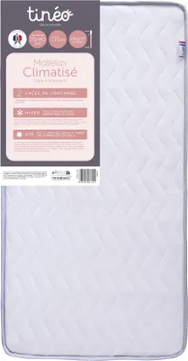 Image de Matelas Bébé Climatisé 70 x 140 cm, Épaisseur 11 cm, Face Été/Hiver, Mousse Polyuréthane 24kg/m³, Fabriqué en France