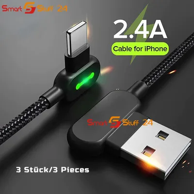 Produktbild von 3X LED Winkel 90 Grad Fast Ladekabel für iPhone 13 12 11 Pro X XR XS 8 7 6 Plus