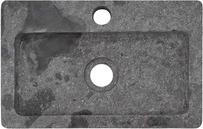A top-down view of a gray marble sink with two holes.