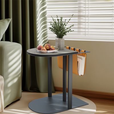 ARTLOGE Beistelltisch aus Sattelleder, Sofatisch mit Zeitschriftenständer, Kaffeetisch Betttisch Pflegetisch Laptoptisch, C-Form, 55x40x56.5cm, Grau
