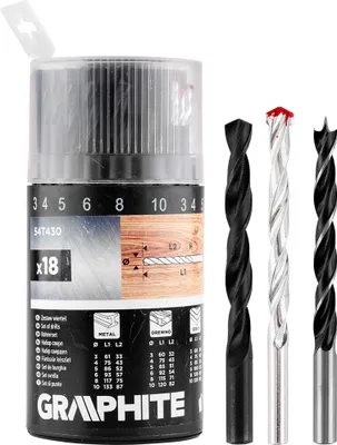 Image de GRAPHITE Jeu de forets universels 54T430 - 18 pièces pour le métal, le bois et la maçonnerie - Ø 3-10mm avec queue cylindrique