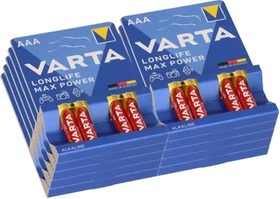 A display of Varta AAA batteries in their packaging.