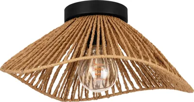 A close-up view of a ceiling light fixture with a black base and a lampshade made of woven brown rope.