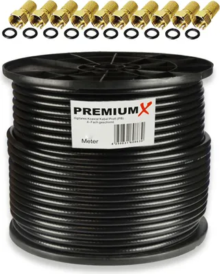 Produktbild von PremiumX 100m PROFI Koaxialkabel Schwarz 135dB 4-fach KUPFER 10x F-Stecker