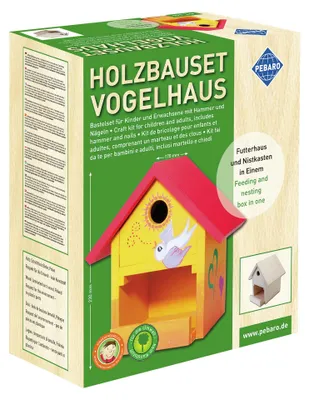 Produktbild von Holzbausatz für ein Vogelhaus mit 9 Teilen und Werkzeugen für kreatives Basteln