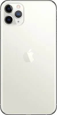 The back of a silver iPhone 11 Pro Max is shown centered on a white background.