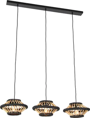 Produktbild von QAZQA - Orientalisch Orientalische Hängelampe I Pendellampe I Pendelleuchte Bambus mit schwarzem länglichem 3-flammig-Licht - Evalin I Wohnzimmer I Schlafzimmer - Bamboo Rund - LED geeignet E27