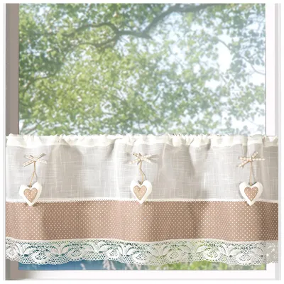 Produktbild von Heimtexland Scheibengardine Landhaus mit Herz-Anhänger Leinen-Optik halbtransparent Pünktchen Deko Gardine Häkelborte Fensterdeko Bistrogardine Typ926 HxB 45x150 cm