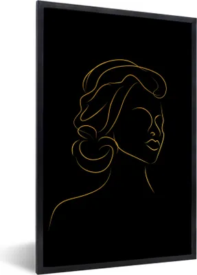 Produktbild von MuchoWow® Gerahmtes Poster Frau - Schwarz - Gold - Strichzeichnung 60x90 cm - Poster mit Schwarzem Bilderrahmen Wandposter Rahmen Foto Bilder - Kunst