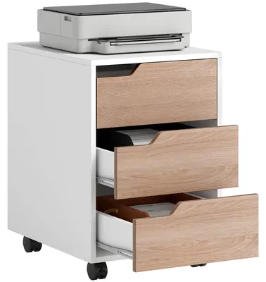 Produktbild von Mobiler Bš¹rocontainer, Bš¹roaufbewahrungseinheit auf Rollen, 3 Schubladen, 40 x 50 x 57,5 cm, wei? und eiche
