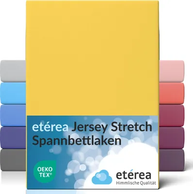 A yellow fitted sheet is shown, with other colored sheets stacked behind it.