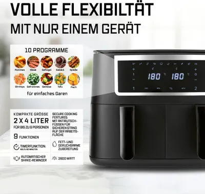 A marketing image showing a black and silver dual-basket air fryer with text overlays highlighting its features and programs.
