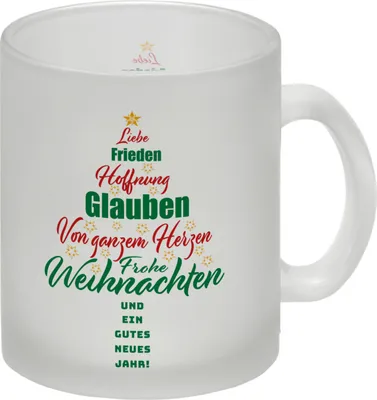Produktbild von Christbaum Glas Tasse mit Spruch Frohe Weihnachten und Gutes Neues Jahr