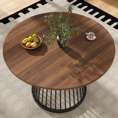 Image de OKWISH Table À Manger - Ronde Avec Plateau Marbré, MDF Et Métal, Pour Cuisine Ou Salle À Manger, 80 x 80 x H 76 cm - Noir+Noyer