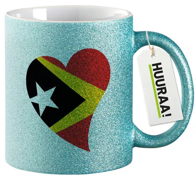 Produktbild von Huuraa Glitzertasse Osttimor Flagge Herz 330ml Blau Keramik Kaffeebecher Geschenkidee