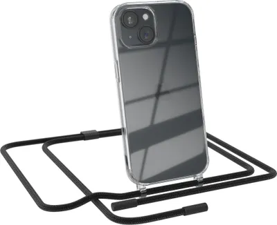 Produktbild von EAZY CASE Handykette für Apple iPhone 15, Clear Case aus Silikon, mit Umhängeband, abnehmbare Endstücke, Handyband in Schwarz