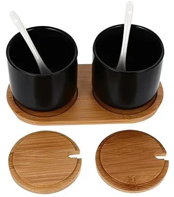 Gewürzdosen Keramik 2er Set 230 ml Schwarz mit Deckel & Löffel