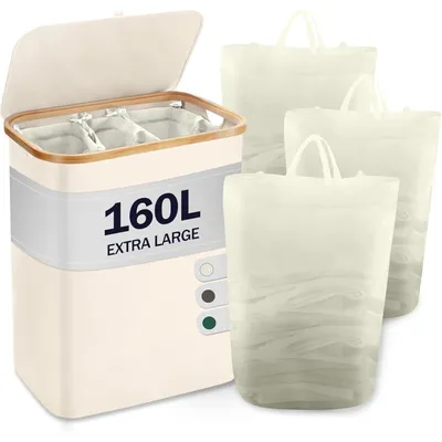 Produktbild von Wäschekorb mit Deckel 3 Fächer 160L faltbar Bambus Beige 57x37x74 cm