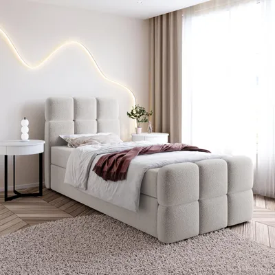 Produktbild von Einzelbett SALA MINI mit Bettkasten, Boxspringbett mit Bonellfederkern-Matratze und Bouclé-Stoff (100x200, Creme - Fredo 15, ohne topper)
