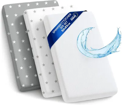 Produktbild von Bettlaken Set 50x83 cm, 3 Stück, 2 Bettlaken und 1 wasserdichter Matratzenschutz, für Wiege