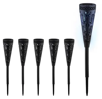 Produktbild von Relaxdays Solarlampe 6er Set, Fackel-Design, Gartenbeleuchtung mit Lichteffekt, H x D: 41 x 7 cm, mit Erdspieß, schwarz