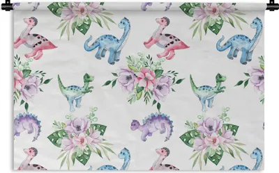 Produktbild von MuchoWow® Wandteppich Wandbehang Dinosaurier - Kinderzimmer - Blumen - Mädchen - Kinder - Rosa - Kind 90x60 cm Tapisserie Dekoration Wandtuch - Wandskulpturen - Bildteppich