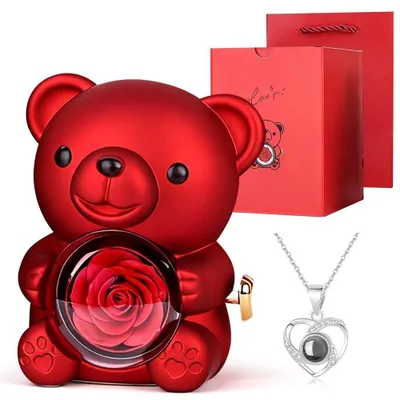 Produktbild von Rosenbär Geschenkbox - Konservierte Rose - Teddybär - Geschenk für Frauen - Geburtstag - Versteckte Halskette