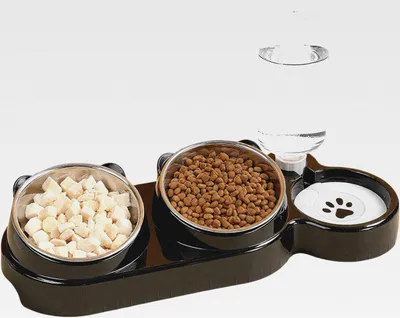 Produktbild von 3-in-1 Katzenfutter- und Wassernapf-Set, geneigte Edelstahlnäpfe mit Ständer, doppelte Futternäpfe mit Wasserspender, Haustier-Fütterungsstation für Katzen und kleine Hunde, Schwarz