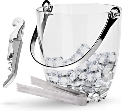 Productafbeelding van Glazen ijsbak met handvat en aluminium clip – complete set voor champagne, wijn en bier – inclusief kurkentrekker