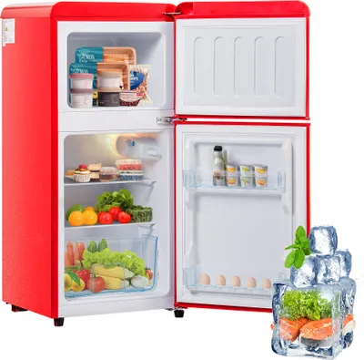 A red retro-style refrigerator with its doors open, showing food items inside. A pile of ice cubes with food items is in the foreground.