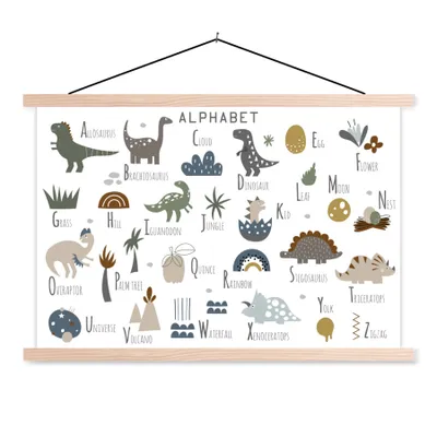 Obrázok produktu pre MuchoWow® Textilný plagát - Škôlka - Písmená - Dinosaurus - Chlapci - Dievčatá - Deti - 60x40cm - S hnedými lamelami