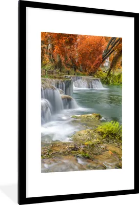Produktbild von MuchoWow® Gerahmtes Poster Herbst - Wasserfall - Natur - Bäume 60x90 cm - Poster mit Schwarzem Bilderrahmen Wandposter Rahmen Foto Bilder - Dekoration - Wandposter Wohnzimmer - Hochwertig