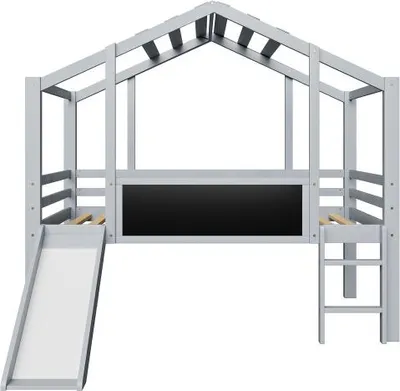 Produktbild von Grau Kinderbett 90x200cm Ohne Matratze Dachboden Design Mit Sicherheitsleiter Sicherheitsrutsche Graffiti Tafel Multifunktionsbett Massivholz