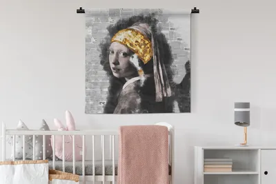 Produktbild von MuchoWow® Wandteppich Wandbehang Das Mädchen mit dem Perlenohrring - Vermeer - Gold 90x90 cm Tapisserie Dekoration Wandtuch - Wandaufhänger